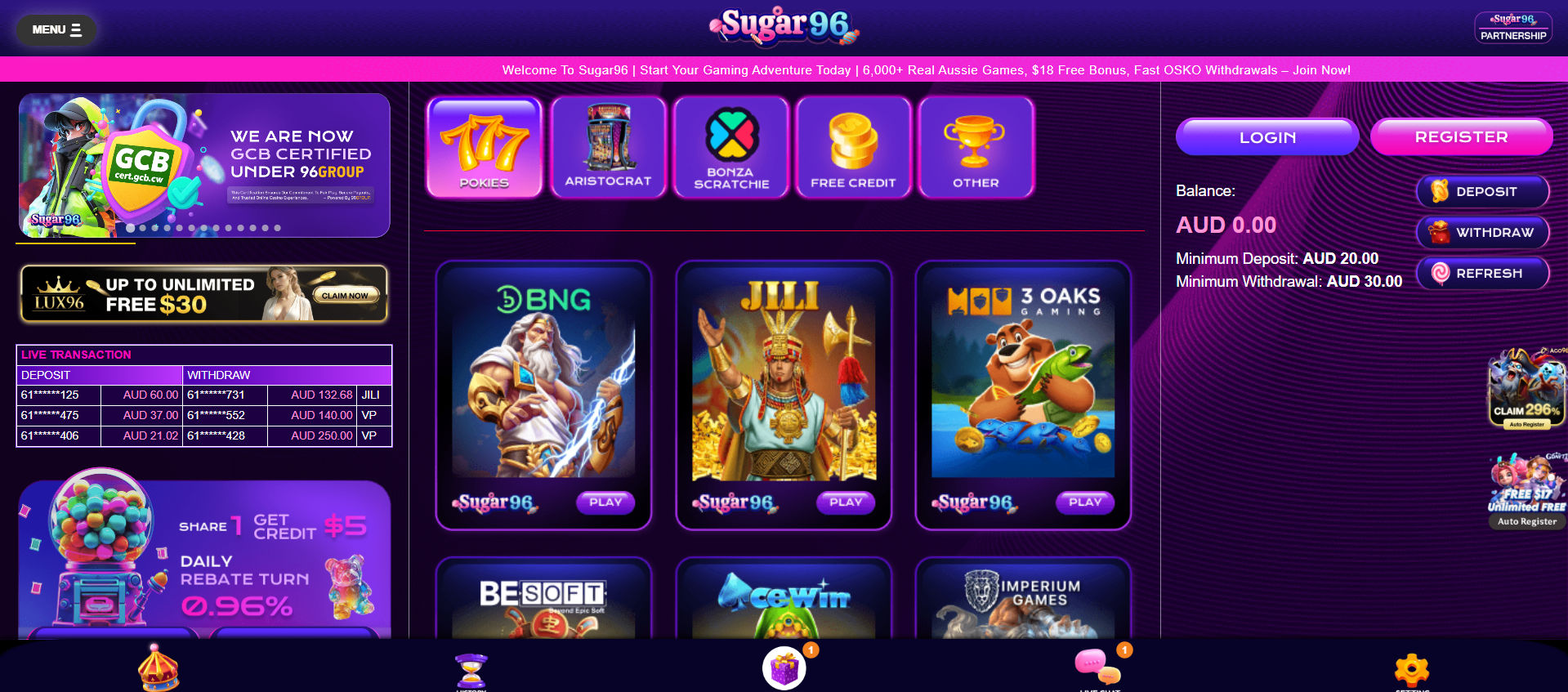 Sugar96 - Best Australian Online Casino with Register free 48+ Welcome Bonus 100%